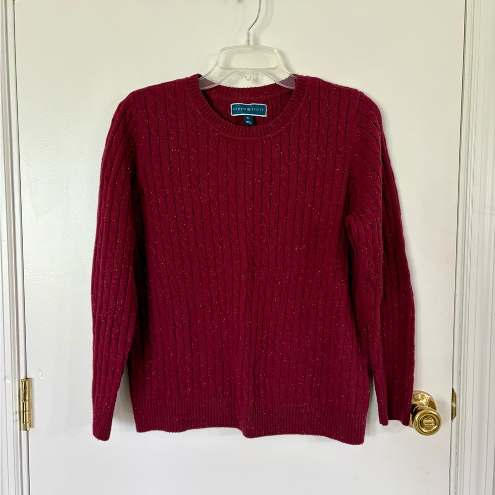 Karen Scott Crewneck Sweater in Burgundy with a subtle Speckled Pattern